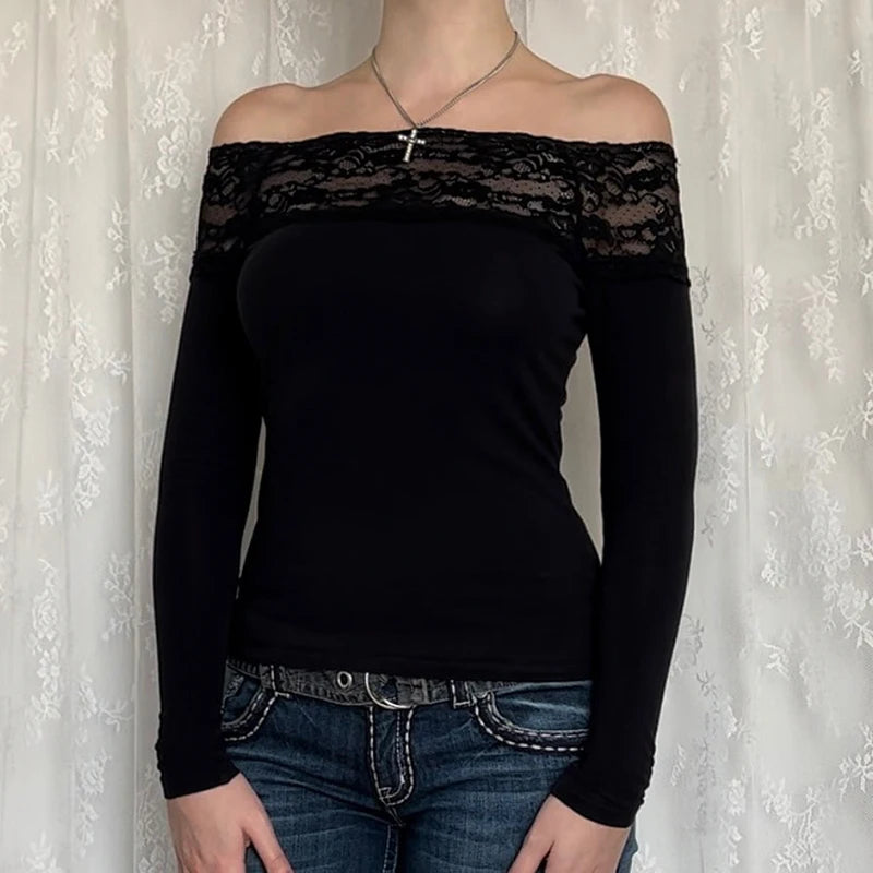 CIBBAR Black Lace Stitched Slash Neck Crop Top - Elegant Sexy Long Sleeve T-Shirt for Women, Perfect Autumn Basic