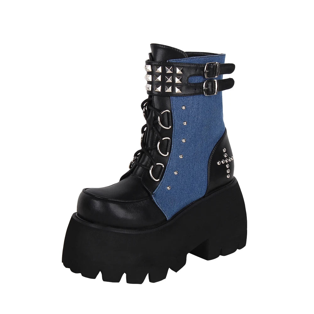 Women’s Gothic Motorcycle Punk Boots - Short Ankle Chunky Sole Shoes in Black and Denim, 10cm Heel