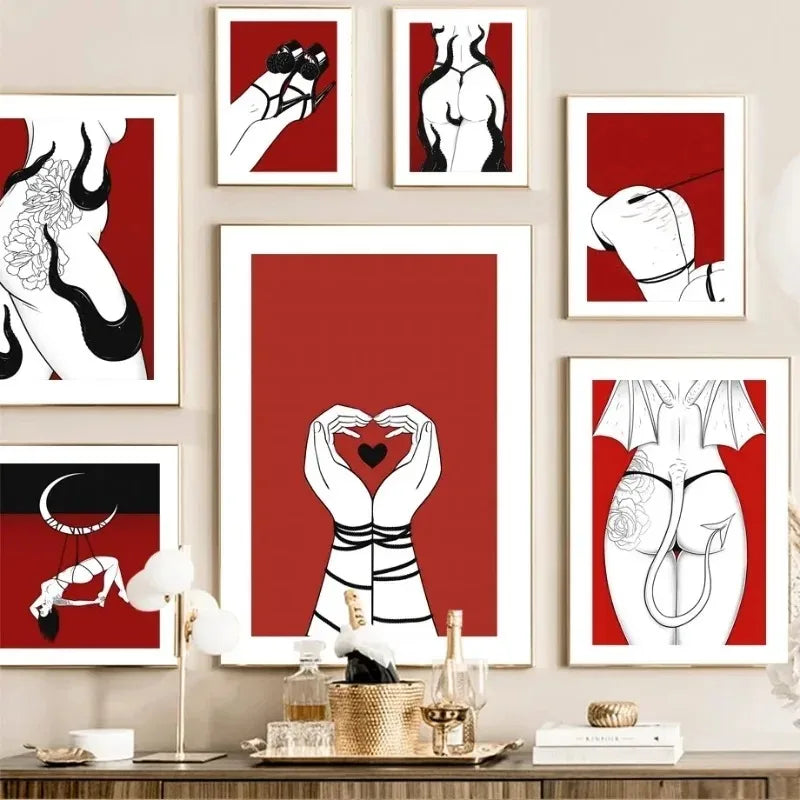 Frameless Gothic Red Canvas Painting - Decorative Art Poster for Living Room and Bedroom Decor