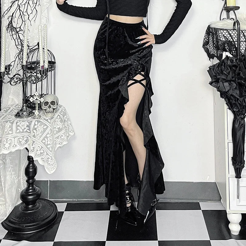 Goth Dark Elegant Flocking Long Skirt – Women’s Mall Gothic Irregular Split Hem Ruffle Skirt, Autumn Alt Fashion Bottoms