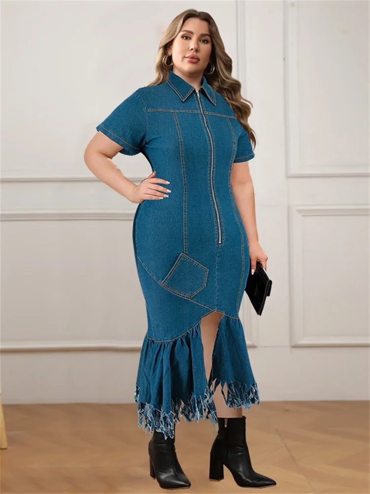 Wmstar Denim Plus Size Dresses for Women Summer Solid Zipper Tassel Hem Fashion Elegant Maxi Dress  Wholesale Dropshipping 2024