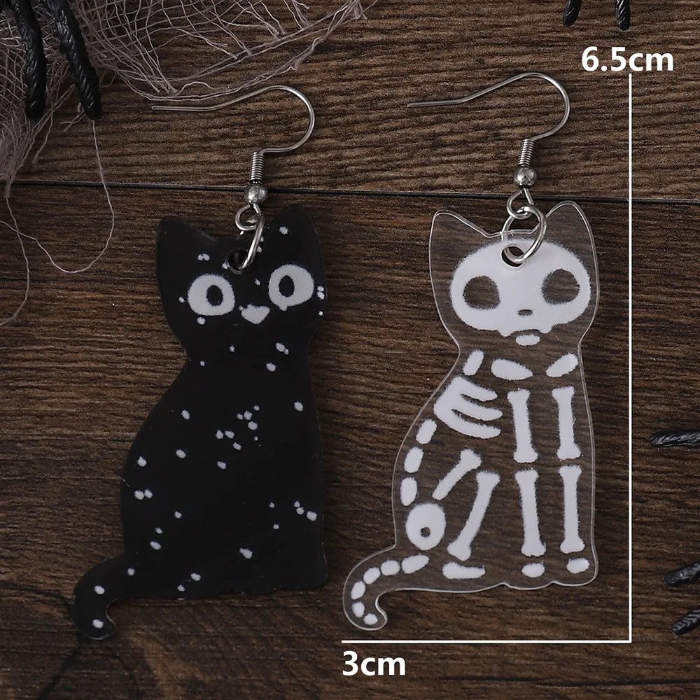 New Halloween Black and White Skeleton Cat Earrings | Transparent Acrylic Dark Party Decoration