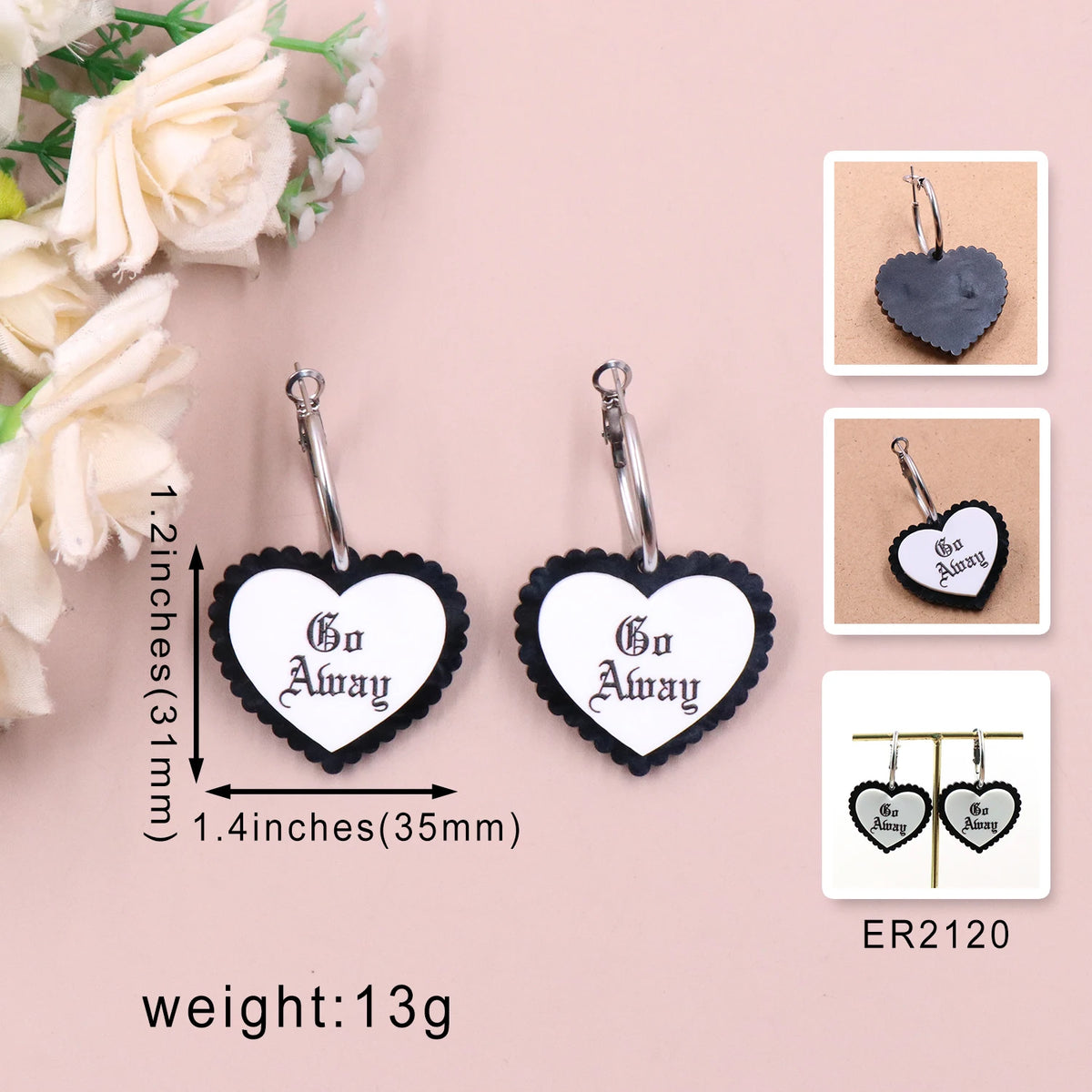 1 Pair New CN Drop Heart Shape 'Go Away' Trendy Acrylic Earrings Jewelry for Women