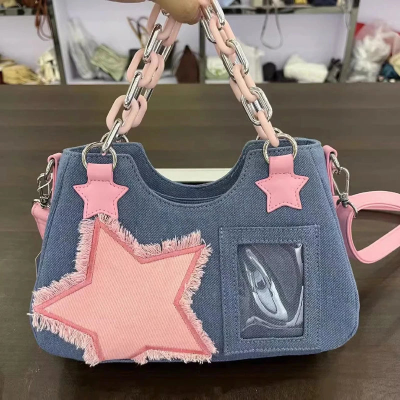 2024 Harajuku Star Denim Tote Bag - Luxury Chain Square Handbag for Women