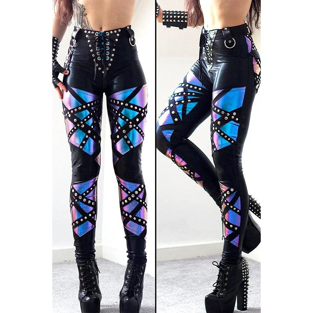 Women Gothic Punk High Waist PU Leather Pencil Pant Eyelet Skinny Casual Trousers Spring Lace Up Studded Laser Patchwork Pants