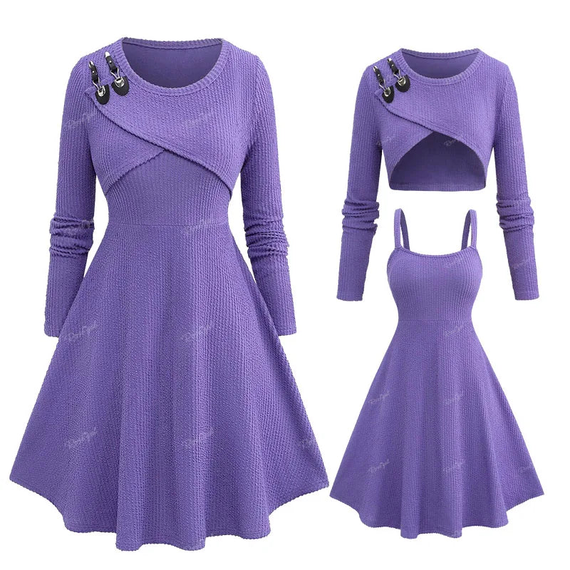 ROSEGAL Plus Size New In Dresses Solid Purple Buckle Crop Top And Textured Tank Dress Women Casual Two Piece Dress