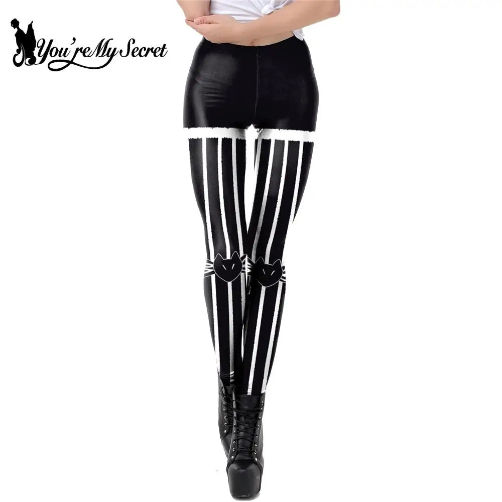 [You're My Secret] Black and White Stripes High Waist Coloring Pattern Women's Pant Halloween Soft Fabric Leggings Women Fitness