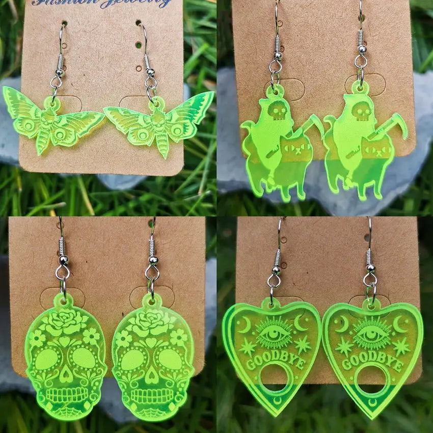 Neon Green Acrylic Halloween Horror Ghost Skull Earrings - New Jewelry for Women