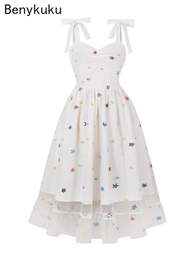 Sweet Star Print Vintage Midi Pleated Dress Knot Strap Sweetheart Neck Long Mesh Dress Women Hepburn Rockabilly Prom Party Gown