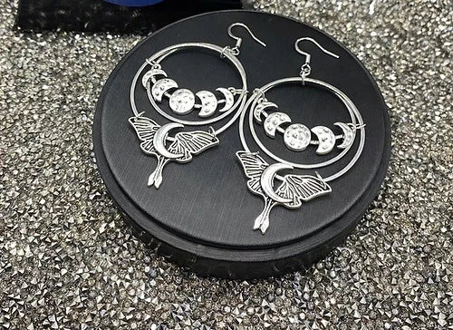 Moonphase / Luna Moth Earrings Tibetan Silver Drop Earrings Boho Pagan Gift Goth Earrings