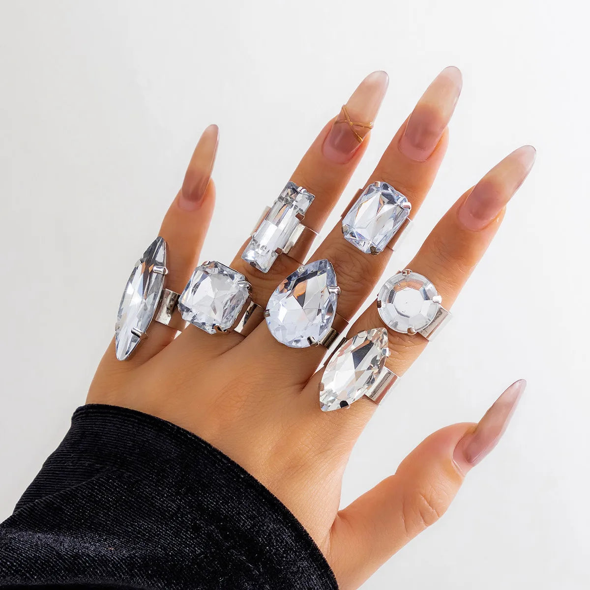 7Pcs Set Goth Full Iced Out Rhinestone Rings - Adjustable Vintage Geometric Crystal Jewelry Gift for Women