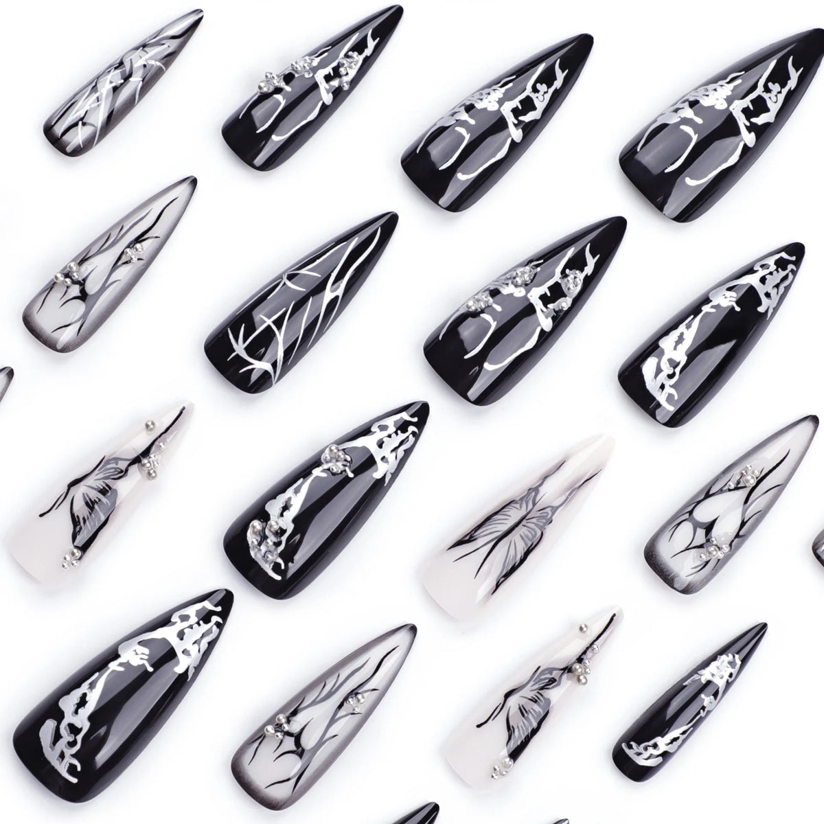 24pcs European Heavy Metal Fake Nails – Black Butterfly Design, Wearable Detachable Punk Style Long Pointed Press-on Nail Tips