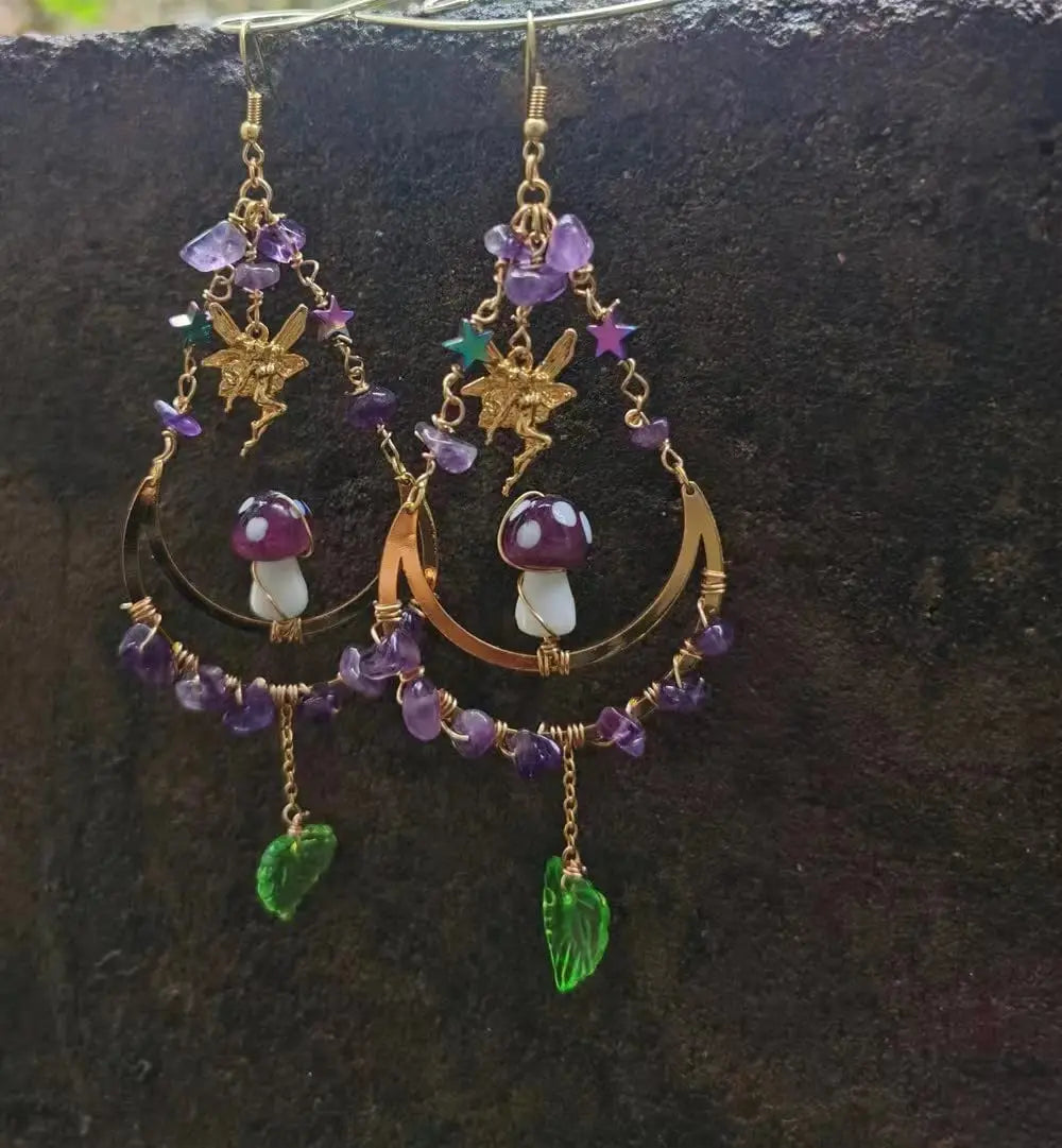 Amethyst Moon Earrings - Purple Mushroom on Leaf Cottagecore Jewelry, Witchy Boho Earrings