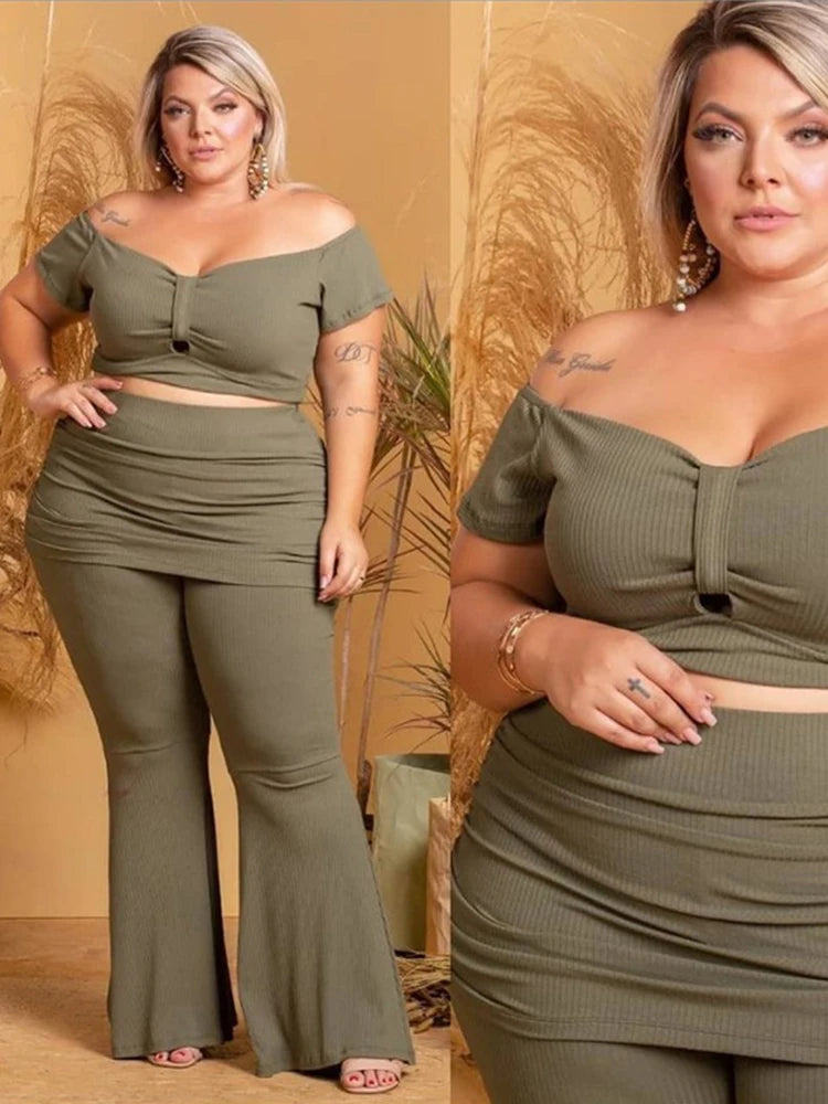 Chic and Elegant Summer Woman Set – Off-Shoulder Top and Pants, Sexy Two-Piece Set Plus Size Clothes