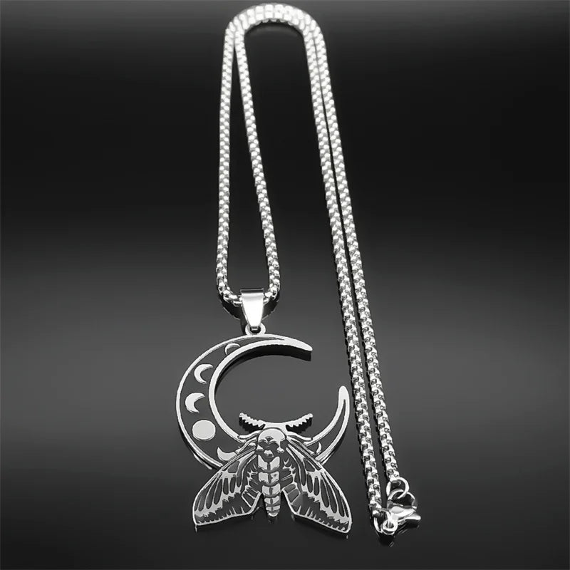 Witch Luna Moth Skull Crescent Necklace for Women Men Stainless Steel Gothic Insect Moon Phase Chain Jewelry colar N9624S02