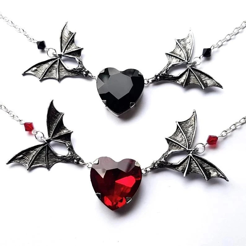 Silver plated Bat Necklace with Red Heart //Gothic Necklace //Bat Necklace //Halloween Jewelry //Vampire Jewelry //Bat Jewelry