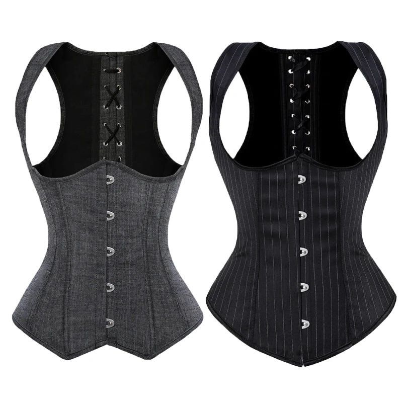 Steel-Boned Underbust Corset – Plus Size Waist Trainer with Straps, Steampunk Design, Gothic Style, Lace-Up Back, and Striped Detail