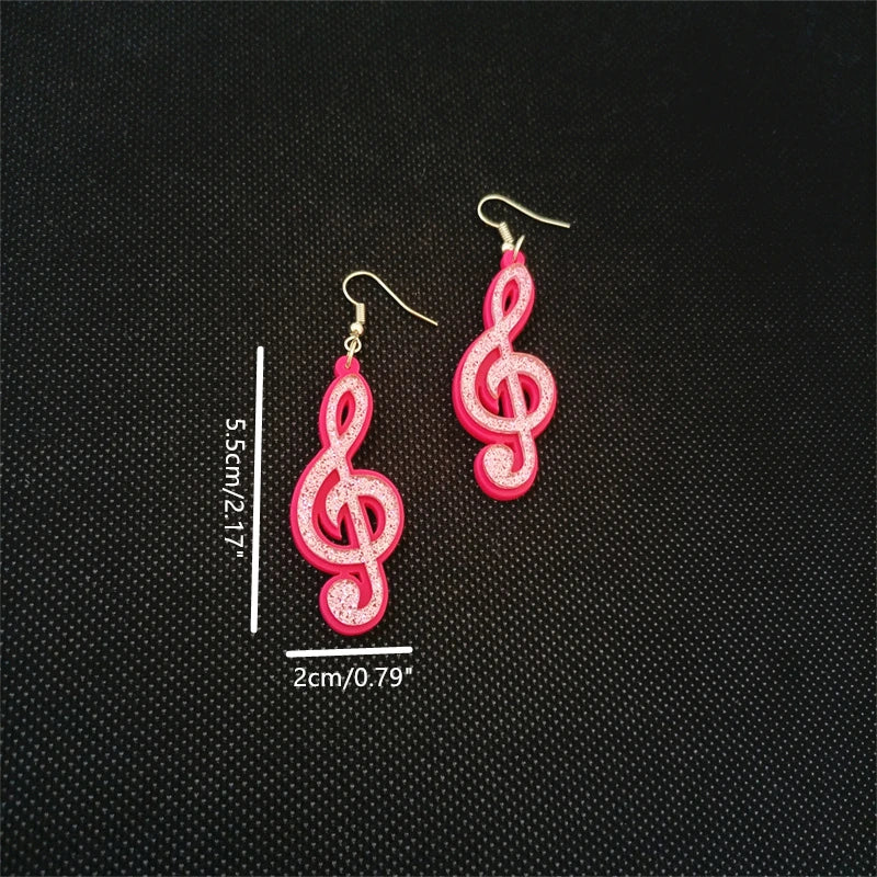 Pink Treble Clef Dangle Earrings - Glitter Acrylic, Cute Classic Fashion Jewelry Accessories by KUGUYS