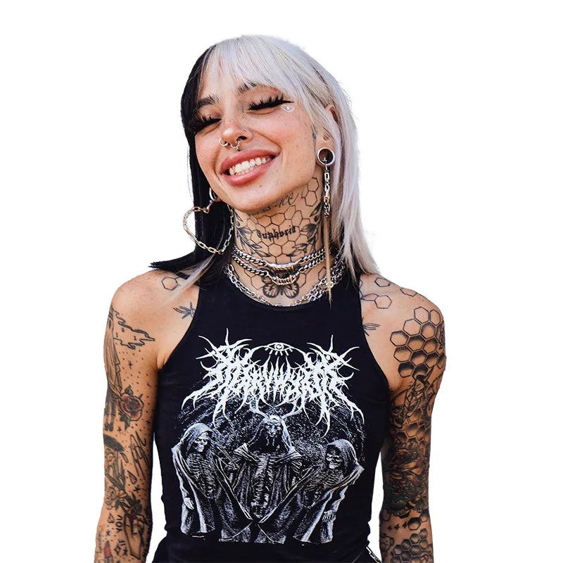 Gothic Summer Black Tank Top – Women’s Harajuku Streetwear, Sleeveless O-Neck Crop Top, Bodycon Sexy Punk Camisole