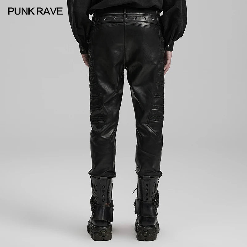 PUNK RAVE Men's Punk Suede with Random Pattern PU Leather Pants Personalized Cool Handsome Black Trousers Autumn/Winter