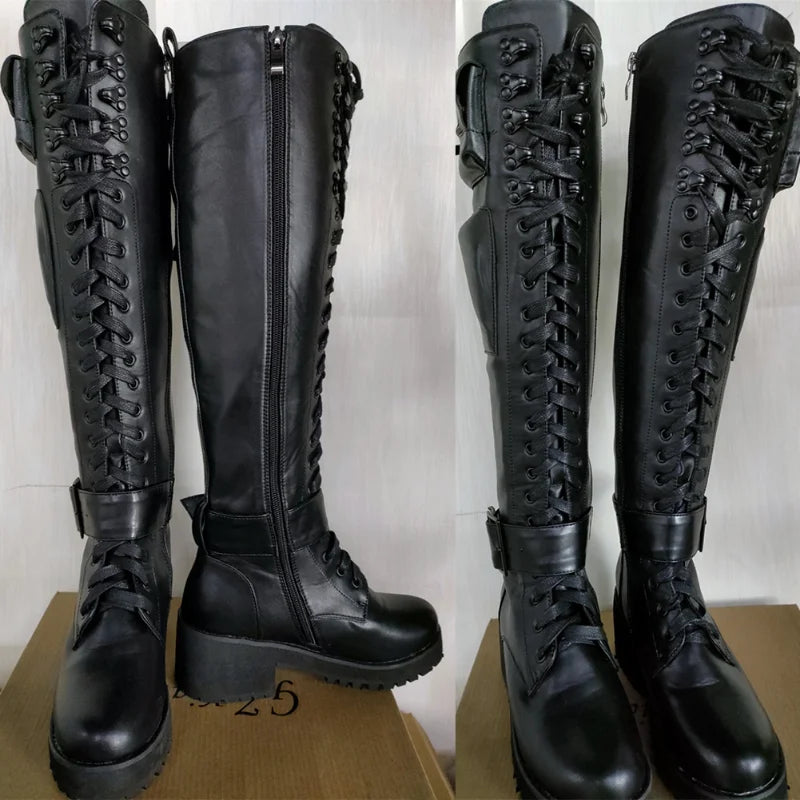 Knee High Boots: Cool Goth Zipper Design with Pocket and Lace-Up Detailing, Chunky Heel, High-Quality Shoes for Women, a Fashionable and Popular Choice