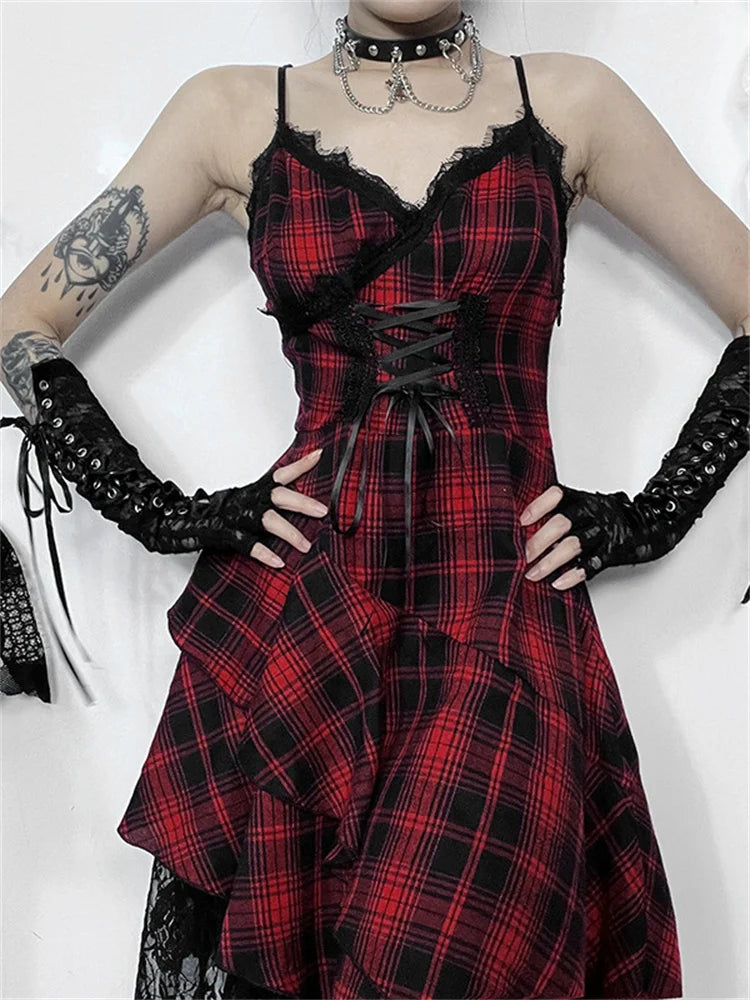 SUNSIREN Harajuku Gothic Plaid Dress for Women - Japanese Y2K 2000s Lace Patchwork Spaghetti Strap V-Neck Halloween Dress