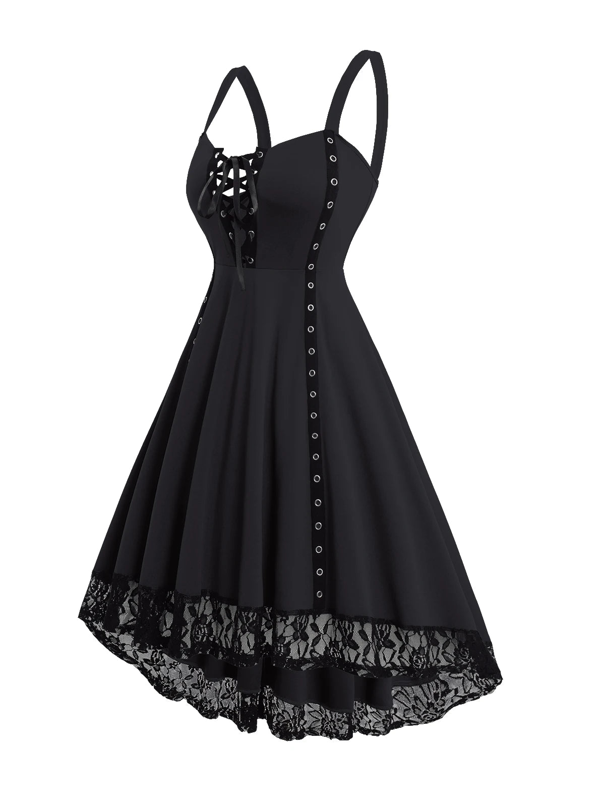 Dressfo 2024 Women's Gothic Dress – Lace-Up Grommet Straps, Lace Hem, High-Low Summer Tank Dress in Black