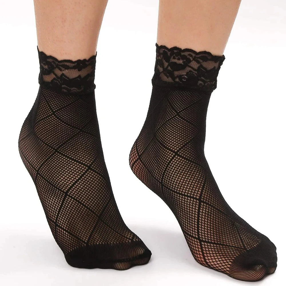 Women's Sexy Summer Fishnet Mesh Ankle Socks – Black Floral Lace Patchwork, Breathable Hollow Nylon Hosiery