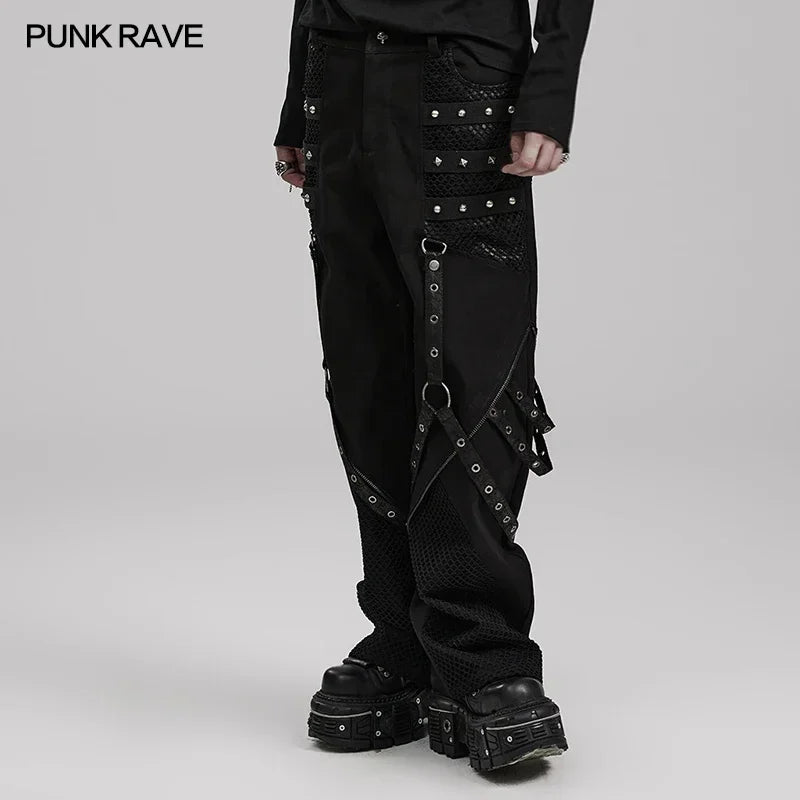 PUNK RAVE Men's Punk Style Wide Leg Trousers Cotton Webbing with Metal Rivets Combination Personality Casual Loose