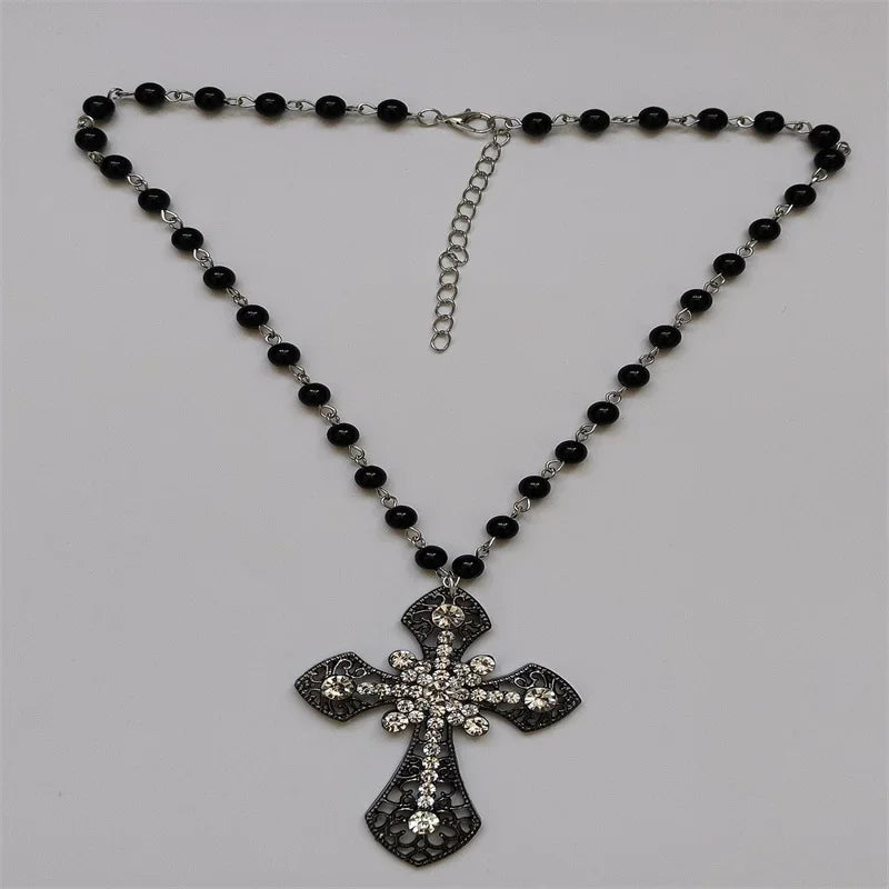 Victorian Big Cross Pendant Necklace White Pearl Choker Vampire Cross Rosary Goth Punk Crystal Cross Metal Jewelry Accessories