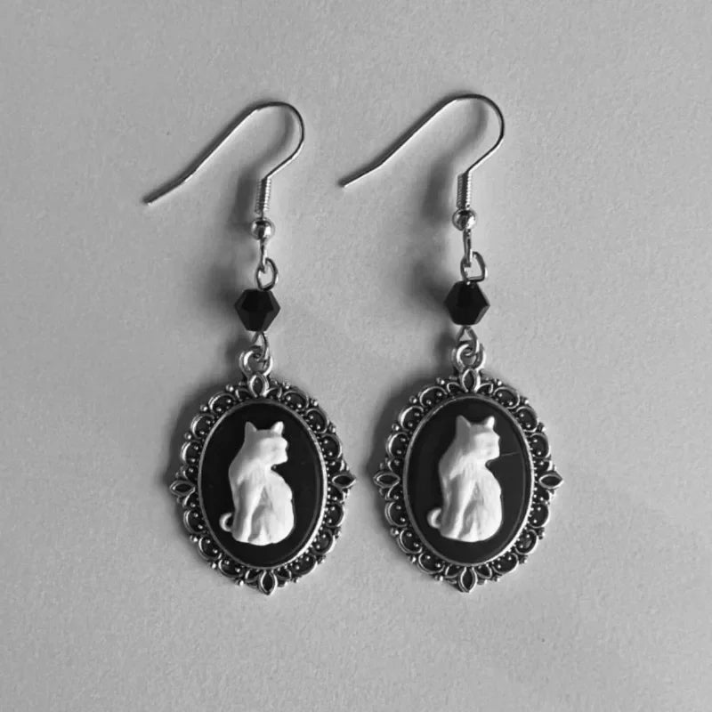 Vintage Gothic White Cat & Raven Drop Earrings – Punk Silver Frame Creative Party Jewelry for Women