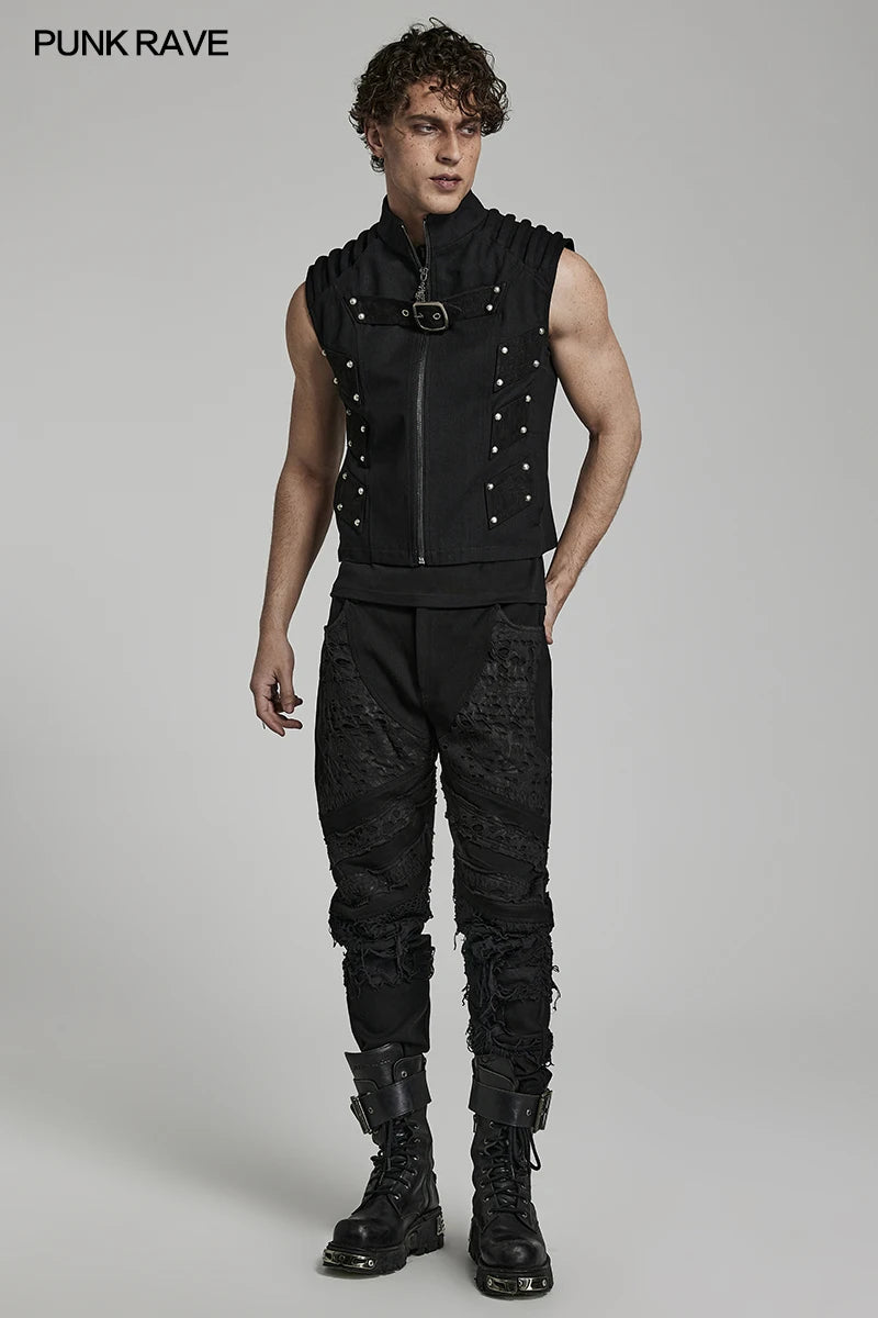 PUNK RAVE Men's Doomsday Punk Rivets Decoration Vest Daily Handsome Cool Personality Casual Tops Black Spring/summer