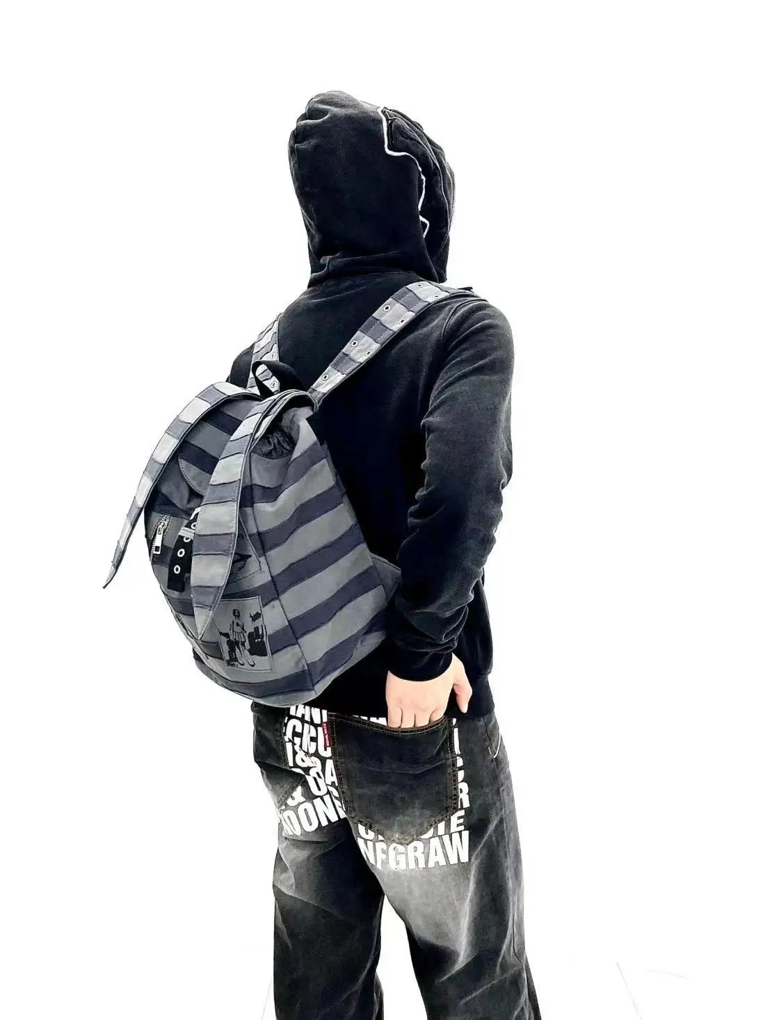 CTRLLOCK Y2K Harajuku Rabbit Ear Backpack - Punk Rock Subculture Stripe Spliced Patchwork Printed Bag