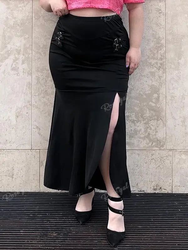 ROSEGAL Plus Size Women's Bodycon Maxi Skirt – Black High-Waisted Flounce, Pull-On Streetwear with Sexy Slit