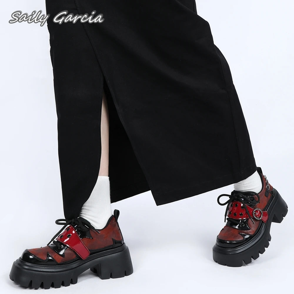 【Demon's Blood】Original Design Glossy Chunky Heel Sexy Ankle Boots Sfumato Punk Style Casual Shoes 2024 Round Toe Platfom Shoes