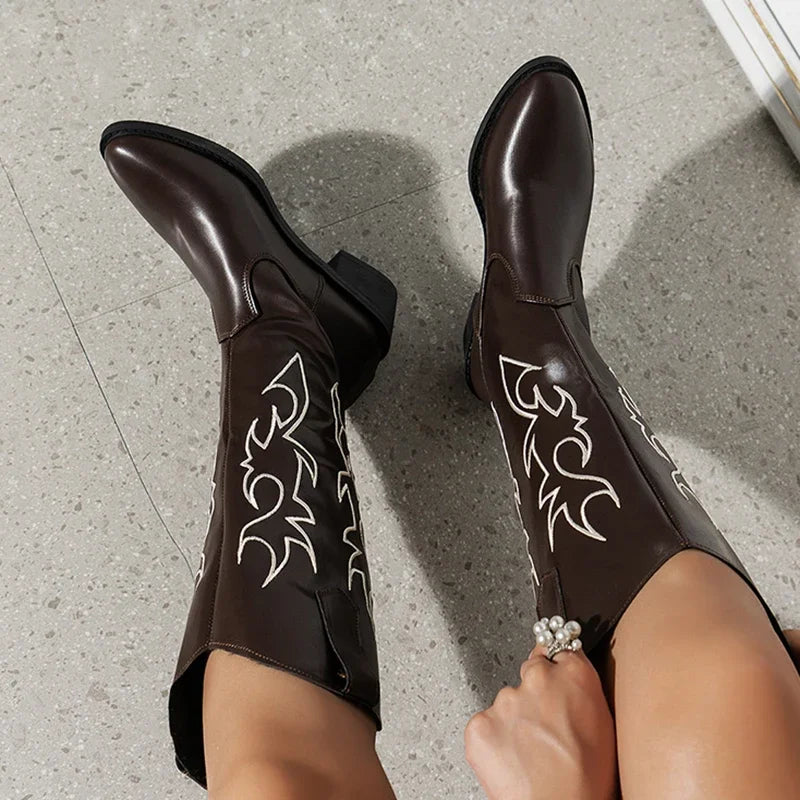 Embroidered Black Long Boots – Autumn PU Leather Knee High Cowboy Boots for Women