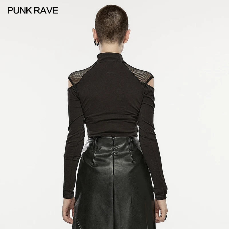 PUNK RAVE Women's Chinese Style Long-Sleeve T-Shirt - Punk Hollow Out with Modified Button Collar