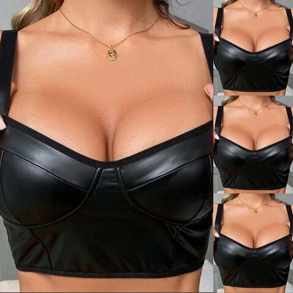 Wet Look Faux Leather Deep V-neck Bralette Club Wear Crop Top Tees For Woman