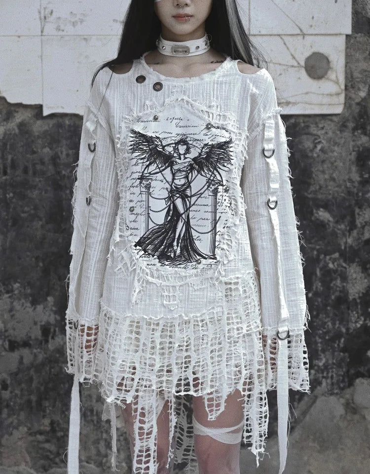 Blood Supply Distressed Knit Punk Shirt – White Asymmetric Designer Long Sleeve, Subculture Hollow Out Printed Top