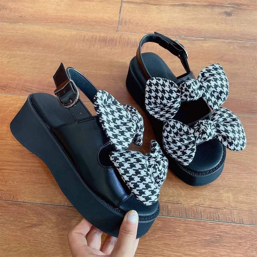 women Retro Qianniao grid butterfly sponge cake beach shoes lady high wedges heels pumps girl summer party customized sandals 48