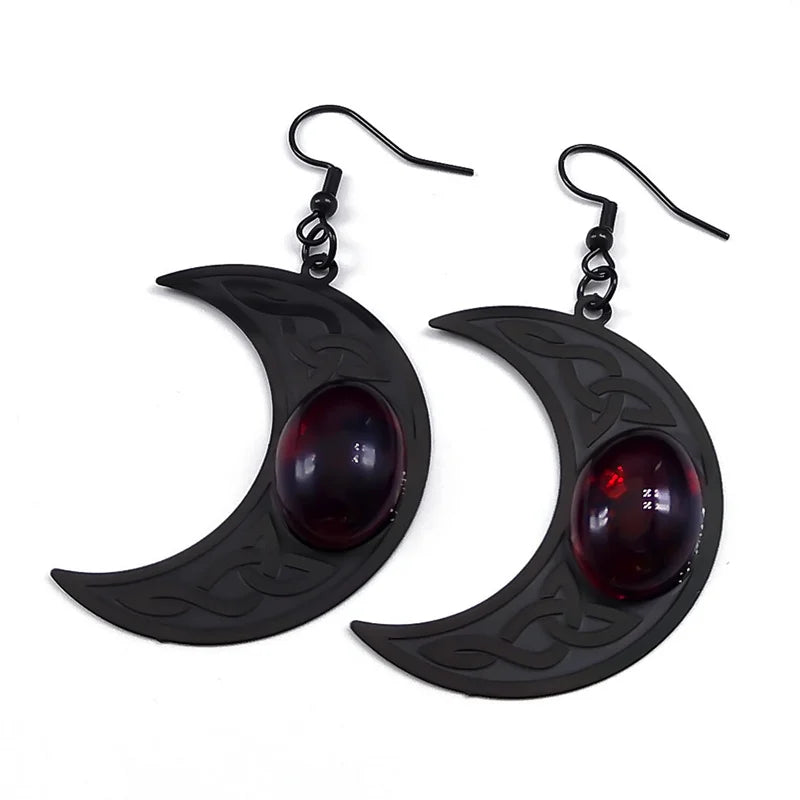 Gothic Dark Celtic Moon Drop Earrings – Stainless Steel with Red Stone, Crescent Wicca Witch Knot Dangle Earrings, Goth Jewelry