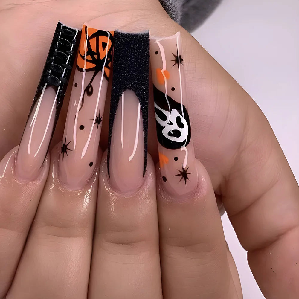 24Pcs Halloween Ballet False Nails with Ghost Spider Web Design Pink French Fake Nails Detachable Coffin Press on Nail Tips