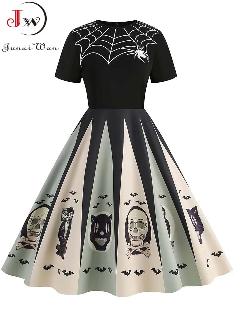 Women's Halloween Themed Short Sleeve Printed Pleated Vintage Party Dress