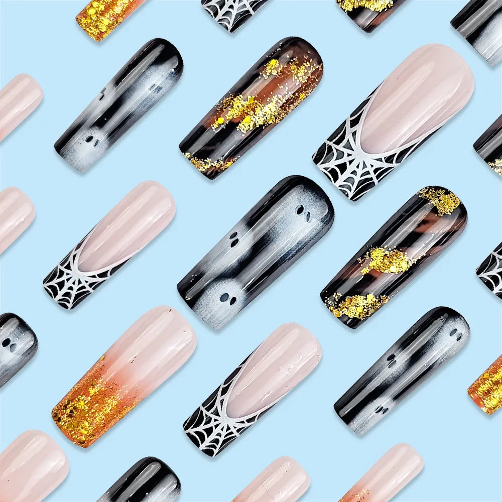 2024 Halloween False Nails Ghost Spider Web Printed Fake Nail Tips Wearable Detachable Long Ballet Coffin French Press on Nails