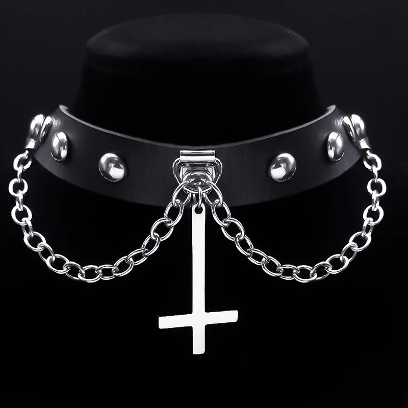 Harajuku Choker Gothic Peter's Cross Necklace - Stainless Steel with PU Leather, Anime Cosplay Jewelry Gift