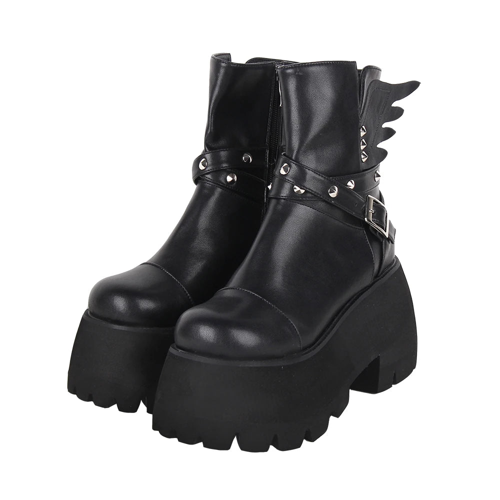 Women’s Motorcycle Chunky Platform Ankle Boots - Side Zip with Rivet and Angel Wing Accents