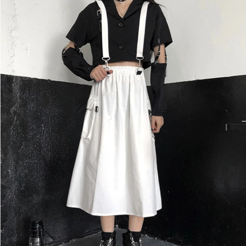 90s Solid Gothic Long Techwear Skirt Women Grunge Punk High Waist Chain Pocket Strap Black Cargo Skirts Goth Harajuku Streetwear