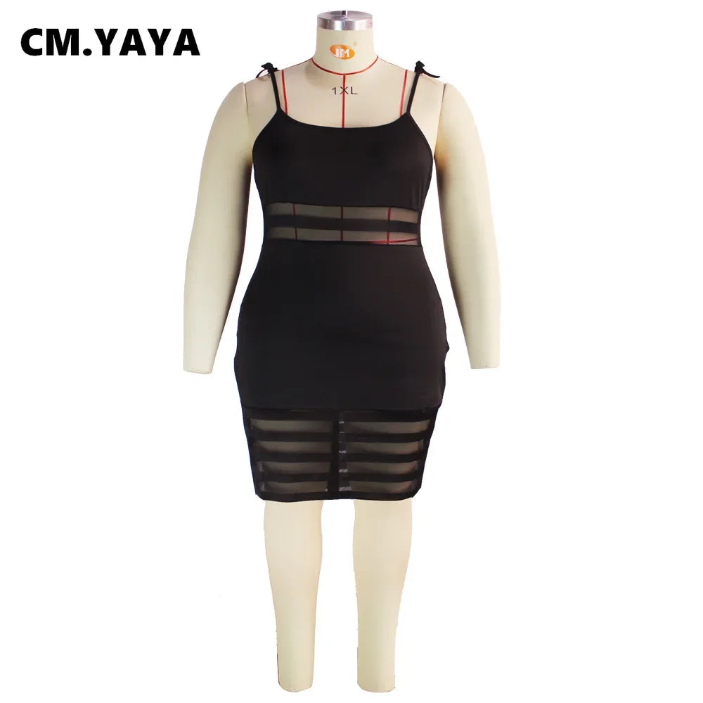 CM.YAYA Plus Size Mesh Patchwork Bodycon Dress – Sexy Night Party Clubwear, Spaghetti Strap Sleeveless Midi Pencil Dress