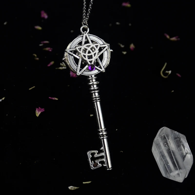 Crystal Energy Witch Triple Moon Pentagram Wings Key Pendant Necklace – Pagan Gift