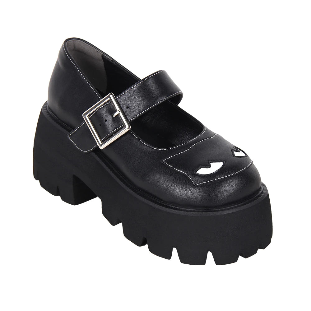 Women’s and Girls’ Lolita Punk Rock Mary Jane Shoes - Chunky Low Platform with Black Cat Accents